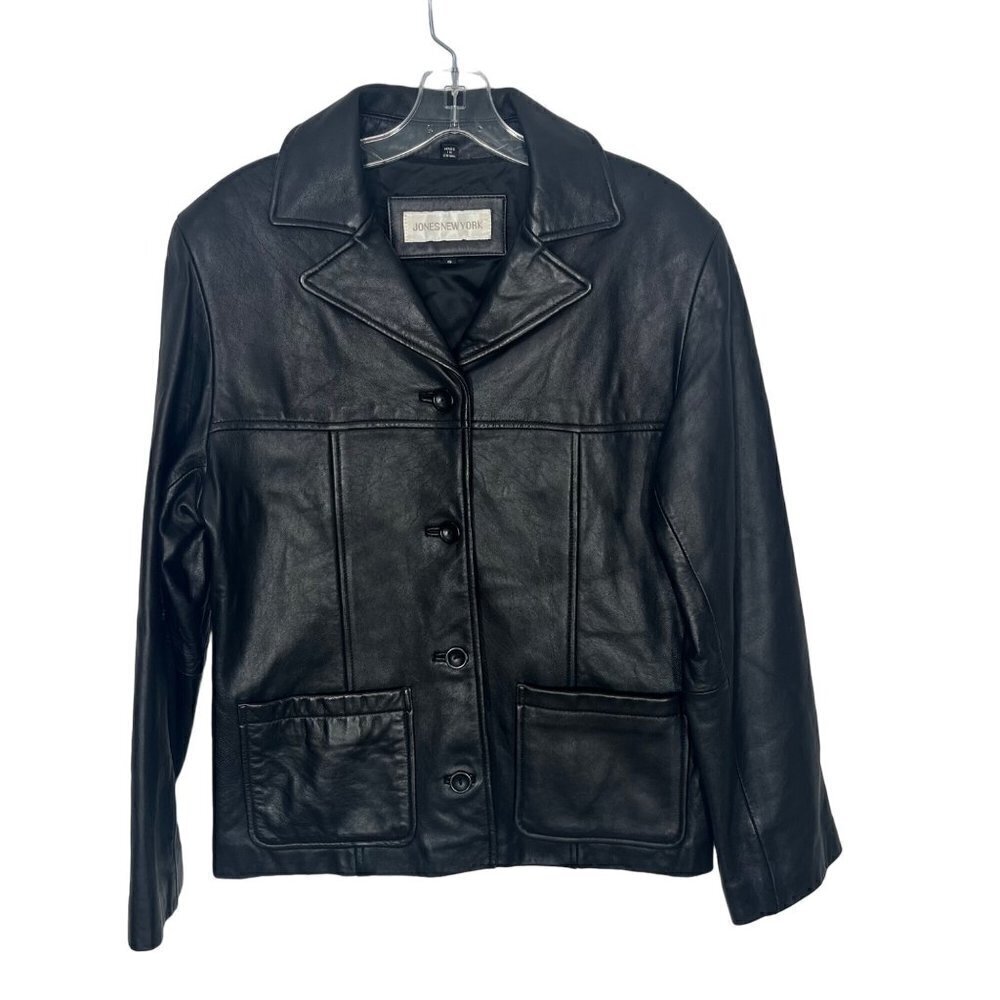 Vintage Jones New York Leather Button down Blazer Jacket Black Size S pockets